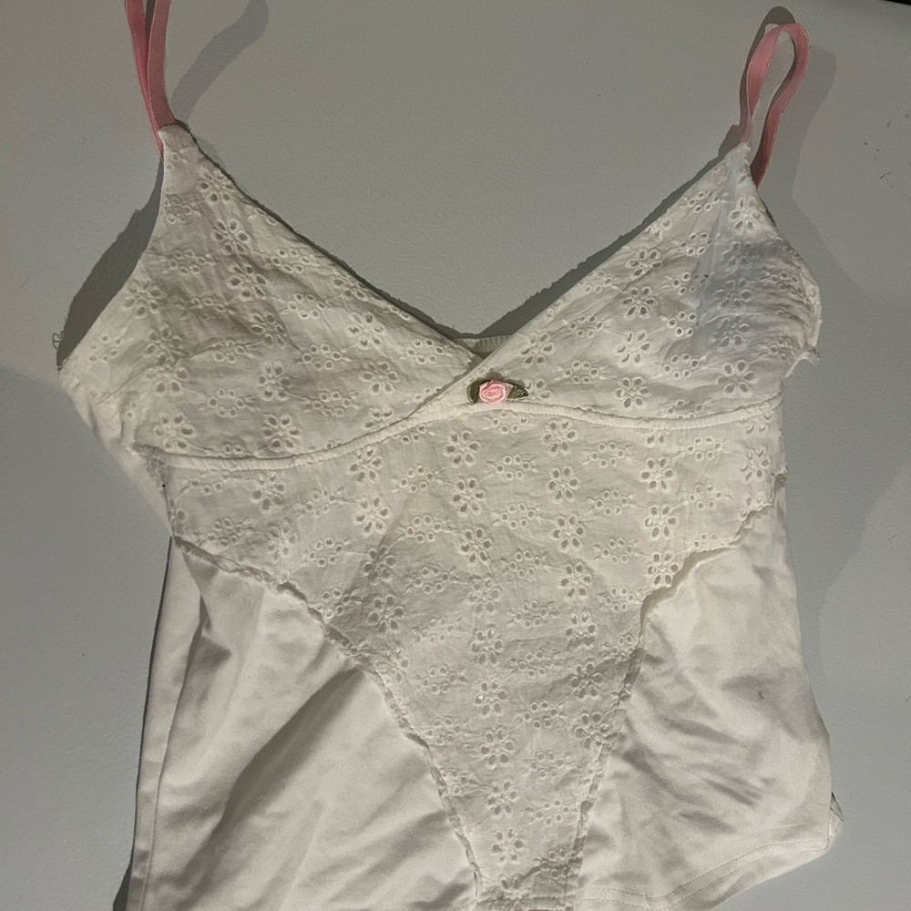 White Lace top with Pink Straps